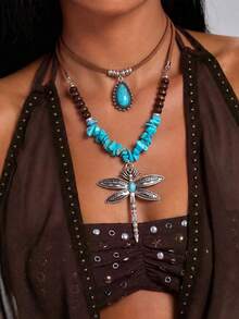 2pcs Vintage Fashion Western Cowboy Style Water Drop Dragonfly Pendant Necklace Set, Best Autumn/Winter Accessory Necklace, Great Gift - Silver - View 5