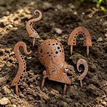 Flat Natural Rust Vintage Style 5pcs Metal Octopus Outdoor Ground Stake Decor, Distressed Hollow Design, Holiday Beach Vacation Style Creative Outdoor Decoration Gift - Octopus - View 10
