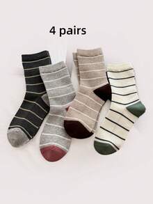 1/4 Pair Solid Color Striped Sports Casual Mid-Calf Socks, Autumn/Winter Style, Unisex, Comfortable For Daily Wear, Travel, Indoor And Home, Soft Breathable Cotton Socks - Multicolor - View 5