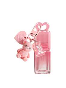 Pink Heart-Shaped Hollow Lipstick Tube Keychain, Portable Lipstick Bottle With Pink Bear, Flower And Bell Keychain Pendant, Backpack Decoration - Multicolor - View 11