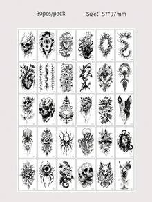 30pcs Animal Pattern Waterproof Durable Realistic Personalized Tattoo Stickers - Skeleton, Eyes, Spider, Snake, Rose, Centipede, Lion, Octopus, Dog, Etc., Suitable For Arms, Ankles, Shoulders, And More, Unisex Design - Black - View 7