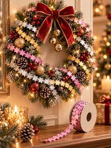 2 Yards Gold & Silver Star Ribbon Lace Small Roll Christmas Celebration Decoration Embossed Woven Tape, Suitable For Christmas Tree, Christmas Gift Packaging Material (Paper Core Not Included) - Star Belt - View 3