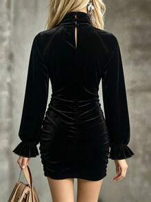 Women's Velvet High Neck Mini Dress Keyhole Cutout Side Ruched Puff Long Sleeve Party Bodycon Dress, Women's Dress - Black - View 2