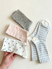 1/5/10 Pairs Women Sweet Heart Bow Plaid Mid-Calf Socks, Korean Style Cute Slouch Socks - Multicolor - View 3