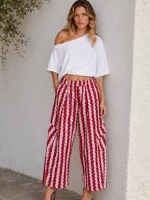 New Fashion Elegant Striped Colorblock Vacation Beach Casual Long Pants For Women, All Seasons - Pink Stripes - View 1