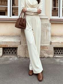Fall Women High Waist Pleated Wide Leg Pants, Elastic Back Waist Casual Trousers With Pockets - Apricot - View 7