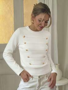 Women's Autumn Outfit: White Knit Round Neck Long Sleeve Top With Metal Buttons, Fashionable Minimalist Style, Suitable For Daily And Work Wear - White - View 10