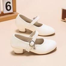 White Minimalist Girls' Princess Shoes, Fine Glossy Material, Single Strap Hook And Loop With Rhinestone Pendant. Low Heel Design For Stable Walking, Round Toe To Protect Toes, Soft And Comfortable Lining. Suitable For Performances, Weddings, Parties, Clean And Versatile. - White - View 5