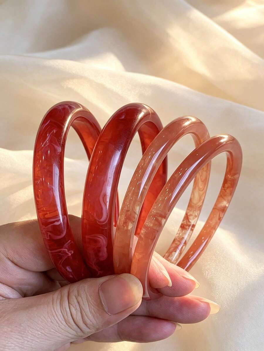 4pcs Set Fashionable Vintage Thick Multicolor Asymmetrical Acrylic Bracelet Set, Suitable For Women, Daily Wear, Gift For Friends And Family - Multicolor - View 1