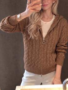 Women's Winter Knitted Cardigan, Hooded Long Sleeve Double Zipper Short Cable Knit Sweater, Suitable For Autumn Wear - Camel - View 3