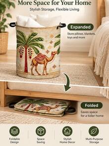 Middle Eastern Style Laundry Basket, Round Laundry Basket, Craft And Sewing Supplies Storage, Camel And Date Palm Tree Pattern - Decorative Bohemian Style Laundry Basket Suitable For Bathroom Storage, Bedside Storage With Sturdy Handle Storage Basket For Room Decoration 2D Flat Laundry Basket - Multicolor - View 5