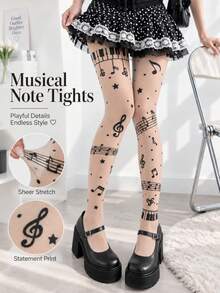 1 Pair Musical Note Print Tights For Women, Sheer High Waist Stretch Pantyhose, Cute Y2K Stockings For Fall Winter Party, Cosplay & Daily Wear - Multicolor - View 2