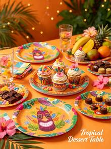 20 Piece Set, Cutlery, Hawaiian Mask Themed Paper Tray, 7-Inch Paper Tray, 9-Inch Paper Tray, Paper Cup, Napkin, Party Tray, Suitable For Various Holiday Decorations, Receptions, Parties, Picnics, Camping, And Baking. - Multicolor - View 3
