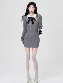 Contrast Collar Bow Front Sweater Dress Casual - Light Grey - View 1