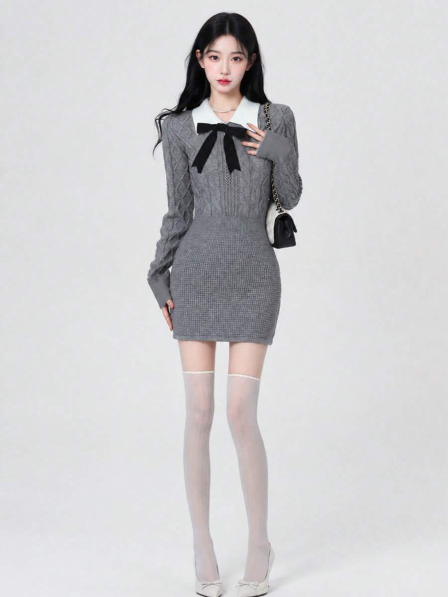Contrast Collar Bow Front Sweater Dress Casual - Light Grey - View 1