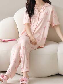 2pcs/Set Piyama Wanita, Atasan Kardigan Lengan Pendek dan Celana Panjang, Pakaian Santai Ramah Kulit untuk Musim Semi/Panas - Berwarna merah muda - View 3