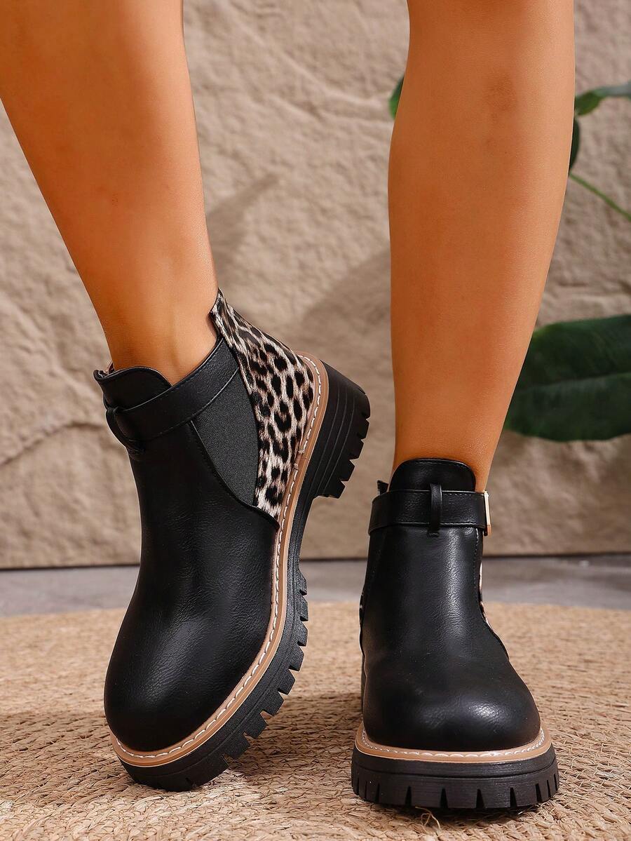 Women's Leopard Print Patchwork Mid-Calf Boots, Vintage Fashion Versatile Slip-On Boots, Autumn/Winter - Black - View 1