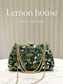1pc Elegant Glitter Embroidered Beaded Handbag, Metallic Shoulder Chain Clutch Purse, Formal Evening Bag Suitable For Gala, Wedding, Party, Formal Occasions, Women Gift - Dark Green - View 3