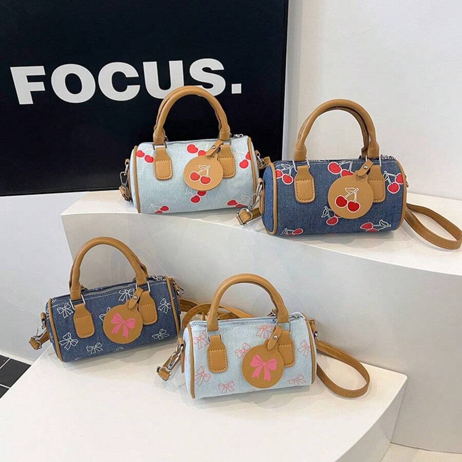 Women's Denim Bucket Handbag, Cherry & Butterfly Print Mini Boston Bag, Detachable Crossbody Strap, Cute Everyday Shoulder Bag - Multicolor - View 1