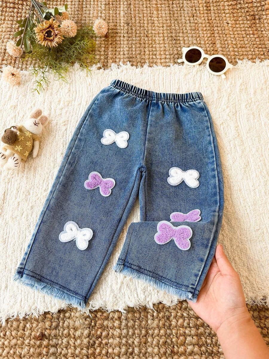 1pc Baby Girl Sweet Bow Applique Blue Frayed Hem Long Pants, Casual Vacation Autumn Style - Light Wash - View 1