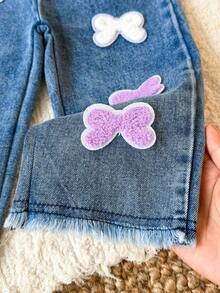 1pc Baby Girl Sweet Bow Applique Blue Frayed Hem Long Pants, Casual Vacation Autumn Style - Light Wash - View 5