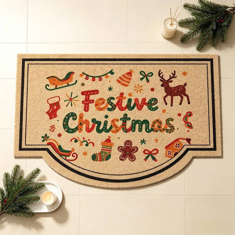 1pc Christmas Shaped Floor Mat, Atmospheric Christmas Floor Mat! Filled With Reindeer And Gingerbread Elements, Instantly Immerse Yourself In The Rich Christmas Holiday Atmosphere Upon Entry. Suitable For Decorative Rugs, Bedroom Decor, Small Rugs, Carpets, Home Decor, Living Room Rugs, Living Room Small Rugs, Bedroom Rugs, Living Room Home Decor, Outdoor Rugs, Washable Rugs - Multicolor - View 1