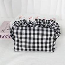 Bolsa de maquillaje estilo coreano con diseño de borde fruncido, patrón de cuadros fresco y gran capacidad de almacenamiento. - Multicolor - Ver 6
