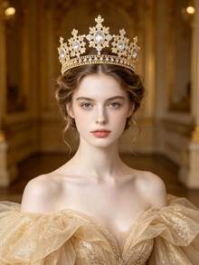 1pc Vintage Crown Symmetrical Snowflake Design Large Crystal Tiara Elegant Castle Palace Bridal Wedding Headpiece - Multicolor - View 1