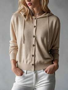 Fall/Winter Plus Size Women's Solid Color Casual Versatile Hooded Cardigan, Suitable For Daily Outings, Shopping, Photography, Autumn Trips, Travel, Vacation, Home Leisure And Other Occasions - Khaki - View 4