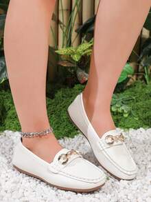 Women's Loafers Flat Solid Color All-Season Bean Shoes - White - View 5