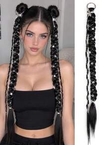 Women Black Decorative Braid Hair Extension, Long Braided Hairpiece With Star Ornaments, Easy Clip-In Design For Cosplay And Daily Hairstyle - Multicolor - View 12