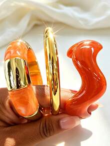 3pcs/1pc Bohemian Style Elegant Minimalist Fashion Women's Round Gold CCB And Orange Acrylic Patchwork Asymmetrical Twisted Open Cuff Bracelet Set, Suitable For Women's Dating, Vacation, Wedding, Party, Gift, Perfect Gift, Daily Wear, Stackable - Multicolor - View 8