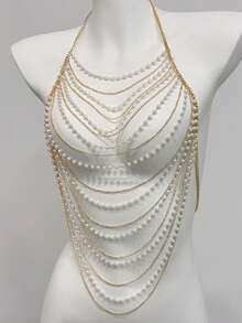 1pc Heavy Work Fashion Design Body Chain Chest Chain Multi-Layer Tassel Faux Pearl Chain Women's Body Jewelry Suitable For Daily Wear And Party Vacation - Multicolor - View 2