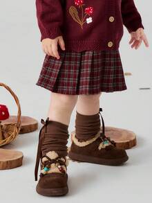 mini bala Girls Preppy Plaid Pleated A‑Line Skirt Thick Structured Bottoms For Young Girl Winter Daily Wear - Red Hue - View 2