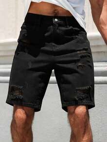 Men's Fashion Distressed Regular Straight Leg Durable Casual Denim Shorts Non-Stretch - Black - View 3