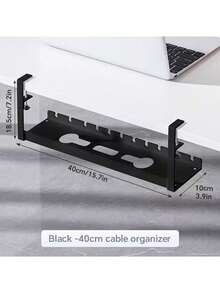 Drill-Free Desktop & Under-Desk Cable Management Tray, Home Storage Organizer Box - Perfect For Storing Wires, Power Strip Bracket, Comes With Zip Ties And Mounting Clips. Wall-Mounted Hidden Cable Channel Rack, Adjustable Length Cable Holder, Desktop Storage Rack, Router And Data Cable Bracket, Cable Management Box. Suitable For Home, Office, Desk, Bedroom And Living Room Use. - Black - View 3