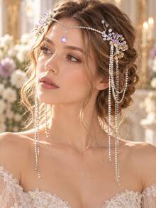 KOVLYNE 1pc Luxurious Rhinestone Floral Hair Chain, Purple Crystal Pearl Forehead Ornament With Draping Chain, Elegant Bridal Hair Accessory, Suitable For Wedding, Graduation Ball, Party And Special Occasions - Silver - View 5