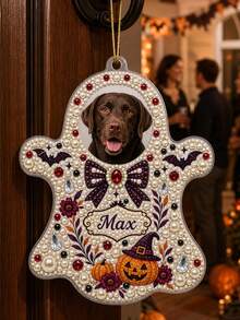 Custom Photo & Text DIY 3D Pearl Painting Hanging Decor Diamond Art, Personalized Halloween Ghost Pumpkin Bat Bow Design, Spooky Home Tree Ornament Keepsake, Halloween Birthday Gift For Pet Lovers Family And Friends - Multicolor - View 9