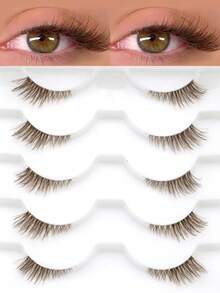 5 Pairs Brown Half Eye Extended Tail Invisible Band Natural Fit 3D Fluffy Curly Caramel Color Faux Eyelashes Soft Lightweight Beginner Wear Date Travel False Eyelashes - Brown - View 1