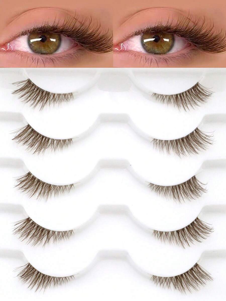 5 Pairs Brown Half Eye Extended Tail Invisible Band Natural Fit 3D Fluffy Curly Caramel Color Faux Eyelashes Soft Lightweight Beginner Wear Date Travel False Eyelashes - Brown - View 1