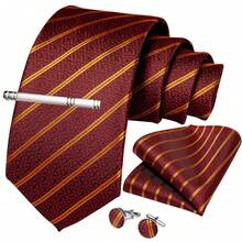 Red & Black Base Gold Diagonal Stripe Men's Tie Set, 4pcs Including Pocket Square, Cufflinks, Silver Tie Clip, Wedding Accessories - Red - View 2