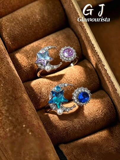 2pcs Premium Versatile Star & Moon Open Rings For Women, Niche Ins Style Student Cool Girl Minimalist Finger Rings, Suitable For Daily Wear, Festivals And Commuting