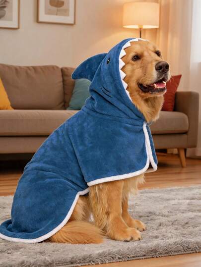 Roupão de Banho 2 em 1 para Cão Tubarão, Casaco Quente de Inverno, Toalha com Capuz em Fleece de Coral Super Absorvente, Fivela Ajustável, Fofo Disfarce de Tubarão para Animais de Estimação, Sem Mangas e com Perna Aberta para Secagem, Adequado para Cães Pequenos, Médios e Grandes - Azul Profundo