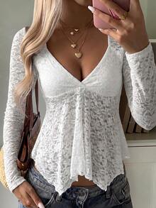 SCARLUX Autumn Y2K White Floral Lace V-Neck Asymmetrical Hem Long Sleeve Top, Cute Daily, Suitable For Back To School Season - White - View 1