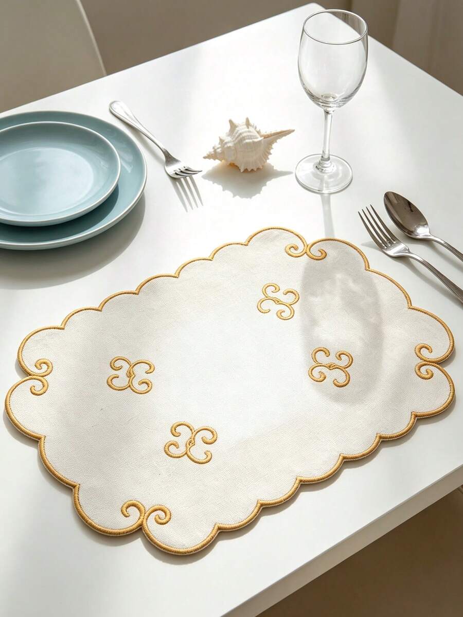 1-6pcs Thanksgiving Pumpkin Embroidered Placemats, Wavy Edge Fabric Table Mats For Room Decor, Dining Table Decor, Home Decor - Multicolor - View 1