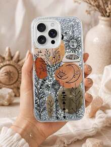 Ins Artistic Style Phone Case - Autumn Terry Tone Color Blocks With Hand Drawn Plants And Totem Sun/Moon - Suitable For Daily Use/Gifts - Bright Silver Fragment Style - Unique Design, Compatible With IPhone 18/17/16/15/14/13 Pro Max And More Models - Multicolor - View 5