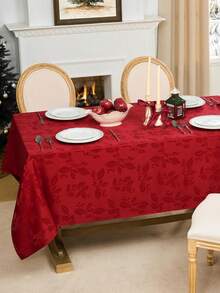 1pc Splash-Proof Winter Holly Element Pattern Jacquard Decorative Tablecloth Cover, Washable Polyester Fabric, Multiple Sizes Square Dining Table Cloth, Suitable For Decoration, Dinner, Gathering, Event, Party Etc. - Red - View 4