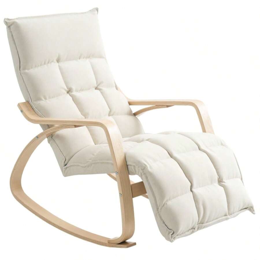 Rocking Chair, Rocking Chair With Backrest, Footrest, Armchair, Linen-Look Recliner, Reading Chair For Living Room, Bedroom, Balcony, Cream White Color, In Stock. - 1 - View 1