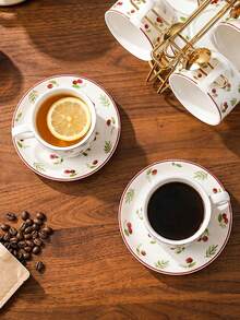 1 Set 100ml Ceramic Cup & Saucer, Fruit Pattern Espresso Cup, (With Gold Spoon) Suitable For Party, Afternoon Tea, Also For Restaurant, Living Room And Cafe, Ideal Holiday Gift - Multicolor - View 6