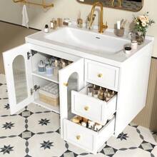 [With Ceramic Basin] 80cm Multifunctional Wall-Hung Bathroom Vanity Unit, MDF Panel, Large Storage Capacity: 2 Drawers + Cabinet With Glass Door (Semi-Transparent, With Adjustable Shelves) - White - View 12